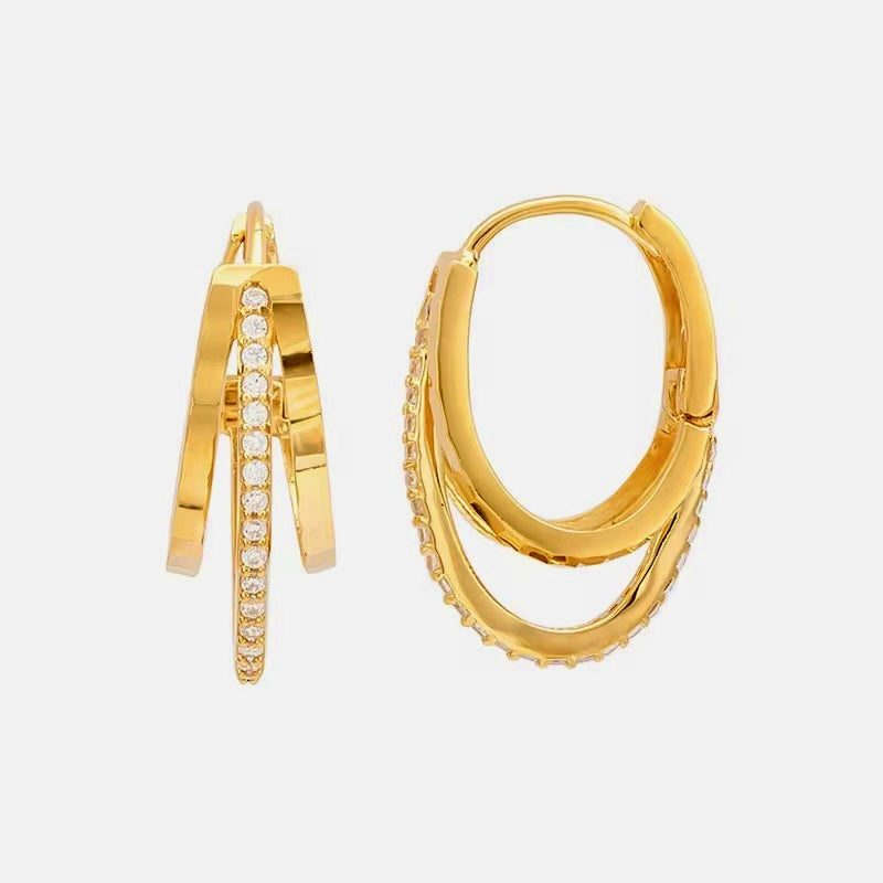 Three Layer Geometric inlaid zircon Huggie Hoop Earrings