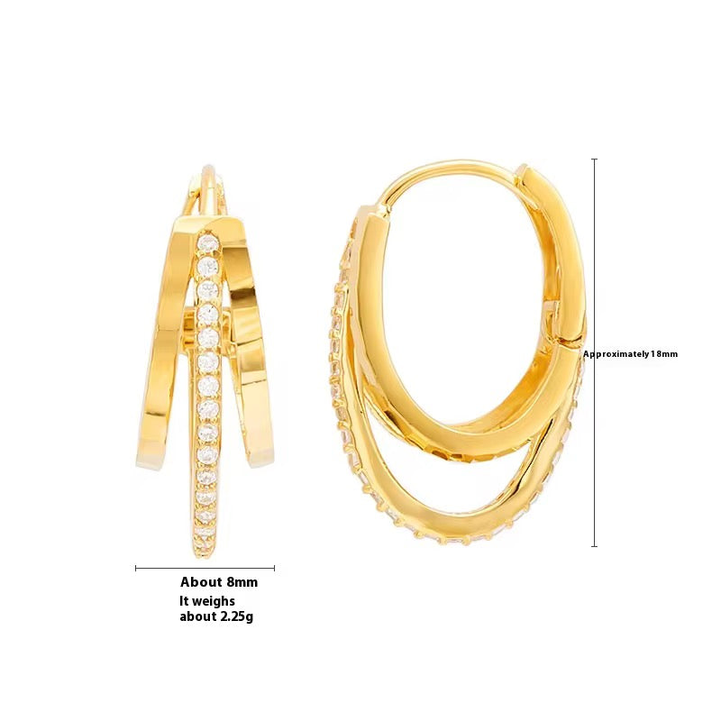 Three Layer Geometric inlaid zircon Huggie Hoop Earrings