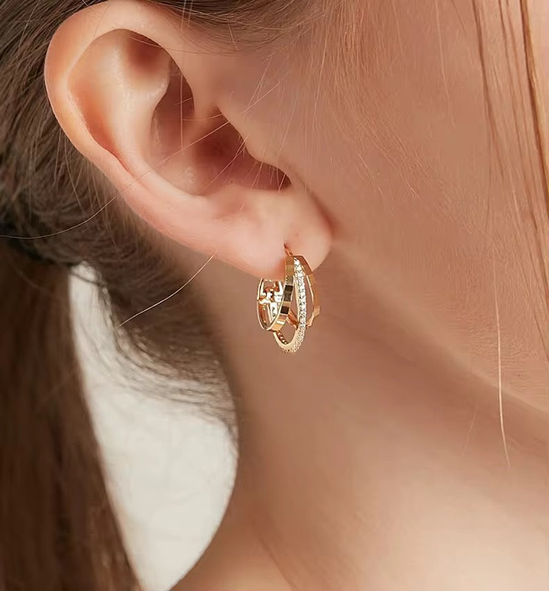 Three Layer Geometric inlaid zircon Huggie Hoop Earrings