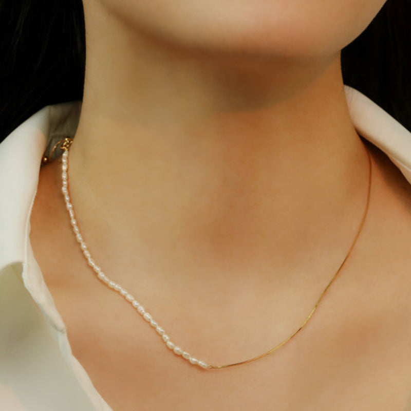 Natural rice bead pearl snake bone necklace