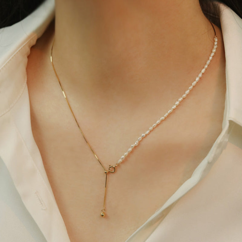 Natural rice bead pearl snake bone necklace