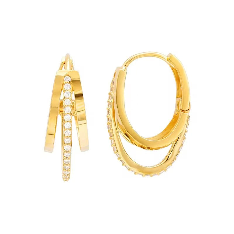 Three Layer Geometric inlaid zircon Huggie Hoop Earrings